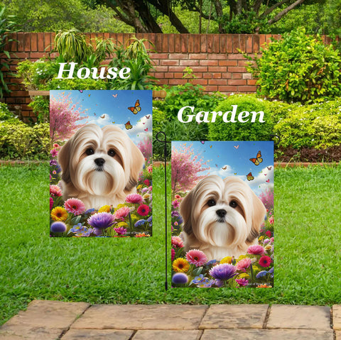 Lhasa Apso Cream/Sable - Best of Breed  Spring Butterflies Outdoor House and Garden Flag