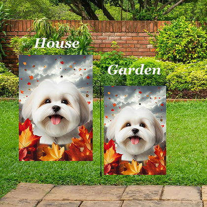 Lhasa Apso White - Best of Breed  Fall Leaves Outdoor House and Garden Flag