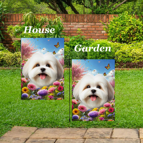 Lhasa Apso White - Best of Breed  Spring Butterflies Outdoor House and Garden Flag
