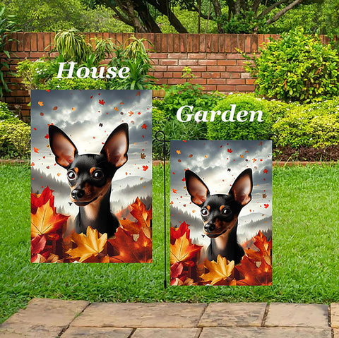 Miniature Pincsher  Black/Tan Cropped - Best of Breed  Fall Leaves Outdoor House and Garden Flag