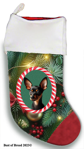 Miniature Pincsher  Black/Tan Cropped - Best of Breed  Christmas Stocking 13.5"  Red Gaming Cloth with Red Lining ,Plush White Cuff