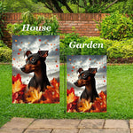 Miniature Pincsher  Black/Tan Uncropped - Best of Breed  Fall Leaves Outdoor House and Garden Flag