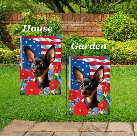 Miniature Pincsher  Black/Tan Cropped - Best of Breed  Patriotic I All-American Outdoor House and Garden Flag