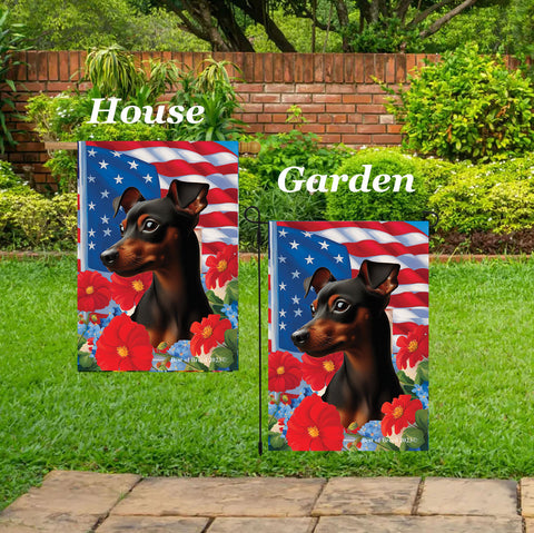 Miniature Pincsher  Black/Tan Uncropped - Best of Breed  Patriotic I All-American Outdoor House and Garden Flag