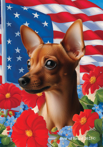 Miniature Pincsher  Red  Cropped- Best of Breed  Patriotic I All-American Outdoor House and Garden Flag