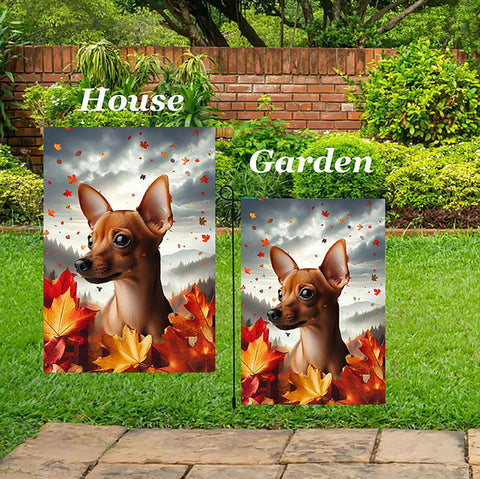 Miniature Pincsher  Red  Cropped- Best of Breed  Fall Leaves Outdoor House and Garden Flag
