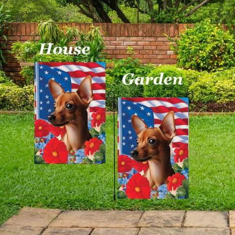 Miniature Pincsher  Red  Cropped- Best of Breed  Patriotic I All-American Outdoor House and Garden Flag