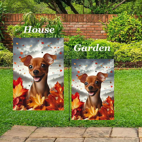 Miniature Pincsher  Red  Uncropped- Best of Breed  Fall Leaves Outdoor House and Garden Flag