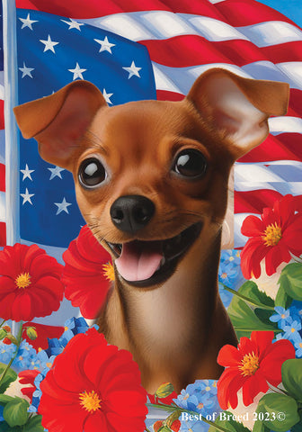 Miniature Pincsher  Red  Uncropped- Best of Breed  Patriotic I All-American Outdoor House and Garden Flag