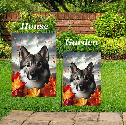 Norwegian Elkhound -  Best of Breed  Fall Leaves Outdoor House and Garden Flag