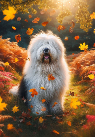 Old English Sheepdog - Best of Breed DCR Falling Leaves Outdoor Flag