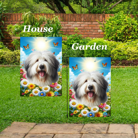 Old English Sheepdog - Best of Breed  Summer Butterflies Outdoor House and Garden Flag