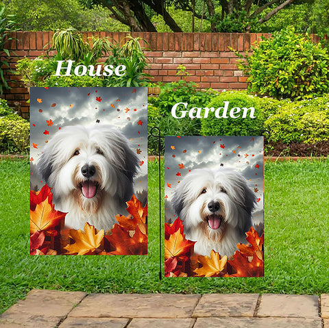 Old English Sheepdog - Best of Breed  Fall Leaves Outdoor House and Garden Flag