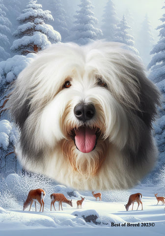 Old English Sheepdog - Best of Breed  Winter Wonderland Outdoor House and Garden Flag