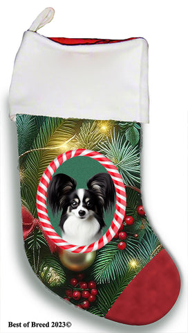 Papillon Black/White - Best of Breed  Christmas Stocking 13.5"  Red Gaming Cloth with Red Lining ,Plush White Cuff