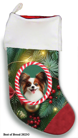 Papillon R/W - Best of Breed  Christmas Stocking 13.5"  Red Gaming Cloth with Red Lining ,Plush White Cuff
