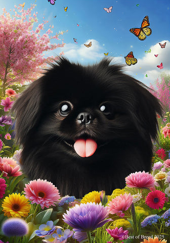 Pekingese Black - Best of Breed  Spring Butterflies Outdoor House and Garden Flag