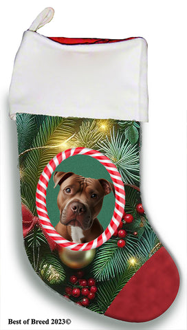 Pit Bull Terrier - Best of Breed  Christmas Stocking 13.5"  Red Gaming Cloth with Red Lining ,Plush White Cuff