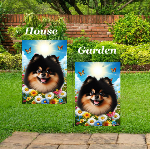 Pomeranian Black/Tan -  Best of Breed  Summer Butterflies Outdoor House and Garden Flag