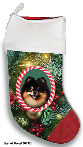 Pomeranian Black/Tan -  Best of Breed  Christmas Stocking 13.5"  Red Gaming Cloth with Red Lining ,Plush White Cuff