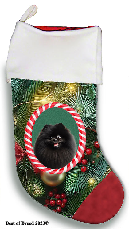 Pomeranian Black - Best of Breed  Christmas Stocking 13.5"  Red Gaming Cloth with Red Lining ,Plush White Cuff