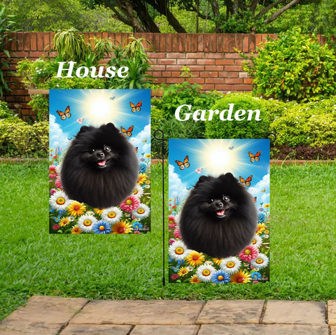 Pomeranian Black - Best of Breed  Summer Butterflies Outdoor House and Garden Flag