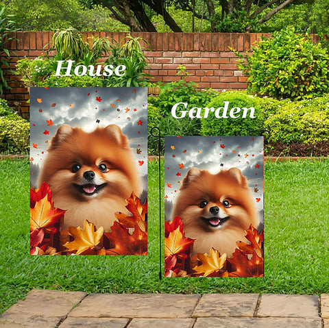 Pomeranian Orange - Best of Breed  Fall Leaves Outdoor House and Garden Flag