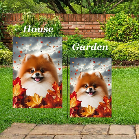 Pomeranian Red - Best of Breed  Fall Leaves Outdoor House and Garden Flag