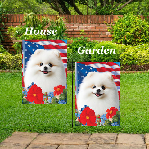 Pomeranian White - Best of Breed  Patriotic I All-American Outdoor House and Garden Flag
