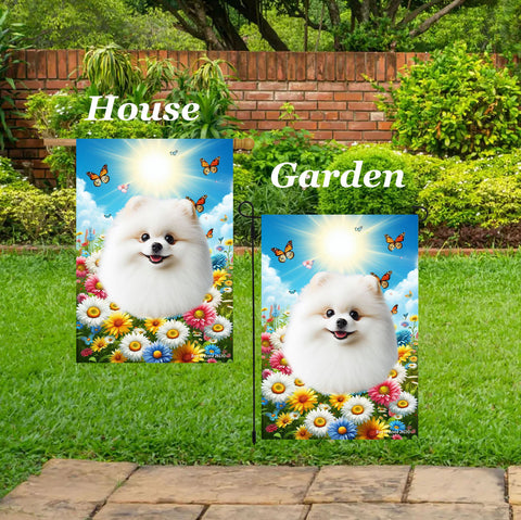 Pomeranian White - Best of Breed  Summer Butterflies Outdoor House and Garden Flag