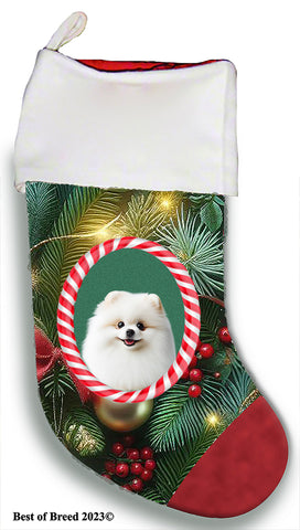 Pomeranian White - Best of Breed  Christmas Stocking 13.5"  Red Gaming Cloth with Red Lining ,Plush White Cuff