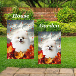 Pomeranian White - Best of Breed  Fall Leaves Outdoor House and Garden Flag