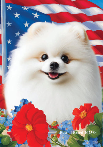 Pomeranian White - Best of Breed  Patriotic I All-American Outdoor House and Garden Flag