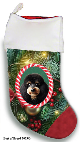 Poodle Black/Tan -  Best of Breed  Christmas Stocking 13.5"  Red Gaming Cloth with Red Lining ,Plush White Cuff