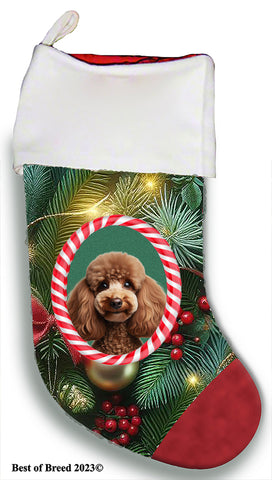 Poodle Chocolate - Best of Breed  Christmas Stocking 13.5"  Red Gaming Cloth with Red Lining ,Plush White Cuff