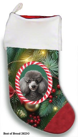 Poodle Silver - Best of Breed  Christmas Stocking 13.5"  Red Gaming Cloth with Red Lining ,Plush White Cuff