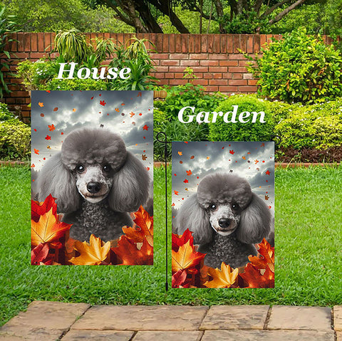 Poodle Silver - Best of Breed  Fall Leaves Outdoor House and Garden Flag