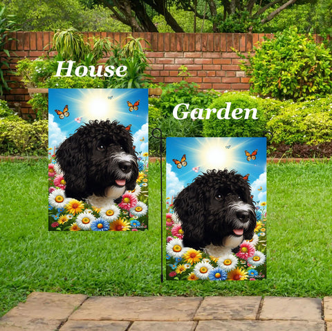 Portuguese Water Dog Black -  Best of Breed  Summer Butterflies Outdoor House and Garden Flag