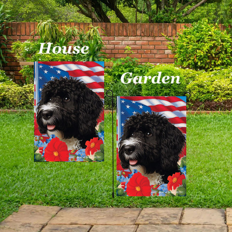Portuguese Water Dog Black -  Best of Breed  Patriotic I All-American Outdoor House and Garden Flag