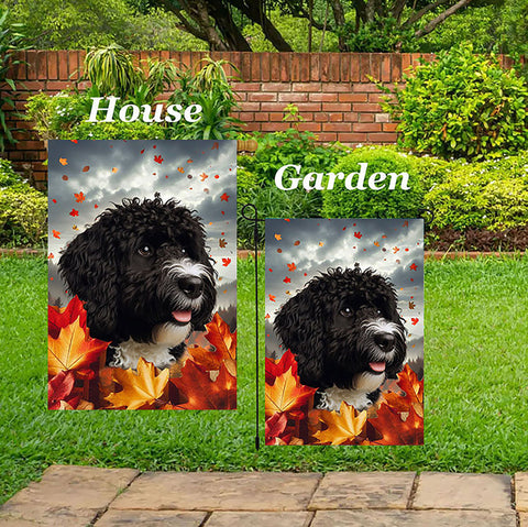 Portuguese Water Dog Black -  Best of Breed  Fall Leaves Outdoor House and Garden Flag