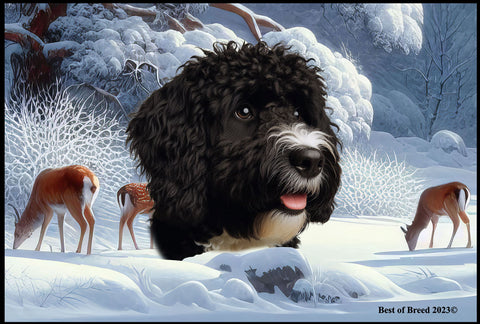 Portuguese Water Dog Black -  Best of Breed Winter Wonderland Floor Mat Tufted Loop 18" x 27"