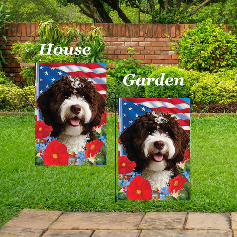 Portuguese Water Dog Brown -  Best of Breed  Patriotic I All-American Outdoor House and Garden Flag