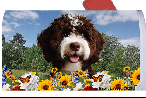 Portuguese Water Dog Brown -  Best of Breed Summer Flowers Mailbox Cover Hi-Grade Vinyl 6" x 19"