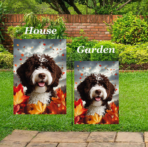 Portuguese Water Dog Brown -  Best of Breed  Fall Leaves Outdoor House and Garden Flag