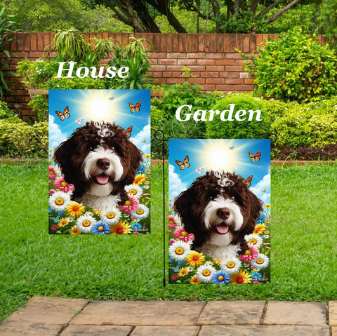 Portuguese Water Dog Brown -  Best of Breed  Summer Butterflies Outdoor House and Garden Flag