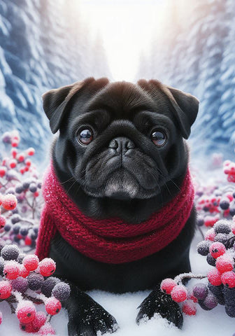 Pug Black - Best of Breed DCR Winter Berries Outdoor House and Garden Flag