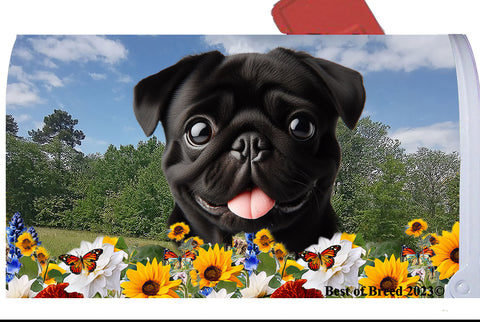 Pug  Black - Best of Breed Summer Flowers Mailbox Cover Hi-Grade Vinyl 6" x 19"