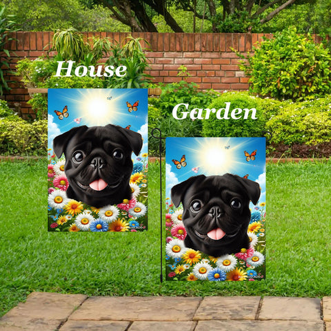 Pug  Black - Best of Breed  Summer Butterflies Outdoor House and Garden Flag