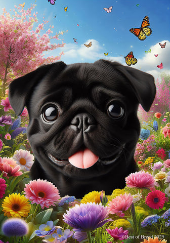 Pug  Black - Best of Breed  Spring Butterflies Outdoor House and Garden Flag