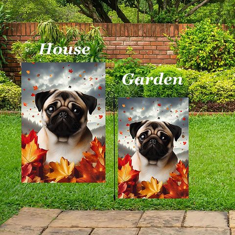 Pug  Fawn - Best of Breed  Fall Leaves Outdoor House and Garden Flag